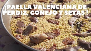 Paella Valenciana de setas, conejo y perdiz,.