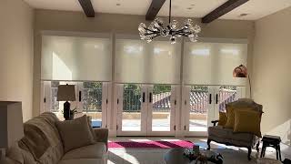 Motorized solar roller shades, mounted on french doors