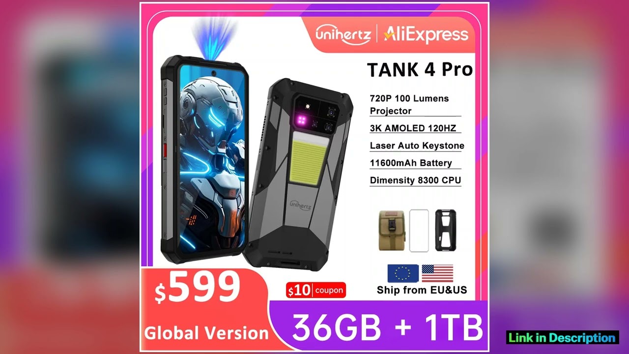 Unihertz 8849 Tank 4 Pro 5G Projector Smartphone 36GB 1TB Dimensity 8300 Android 14 Phone 11600mAh