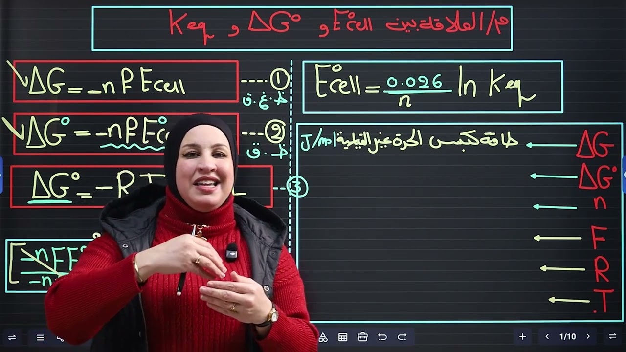 المحاضرة الثامنه (العلاقة بين جهد الخلية القياسي وطاقة كبس الحرة )