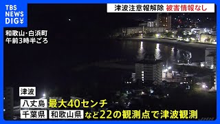 津波注意報　午前9時までにすべて解除　八丈島で最大40センチの津波観測　気象庁 今後1日程度は海面の上下動が続く可能性｜TBS NEWS DIG