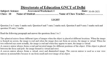 Science Assessment Worksheet 6 Class 10 (30/9/21)English Medium | Assessment Worksheet 5 Science |