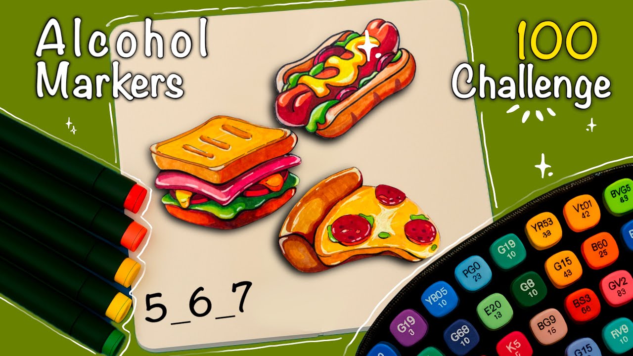 Let’s Draw a 🌭🥪🍕pizza slice, a toasted sandwich, and a hot dog together| 100Marker Drawing Ep:5.6.7