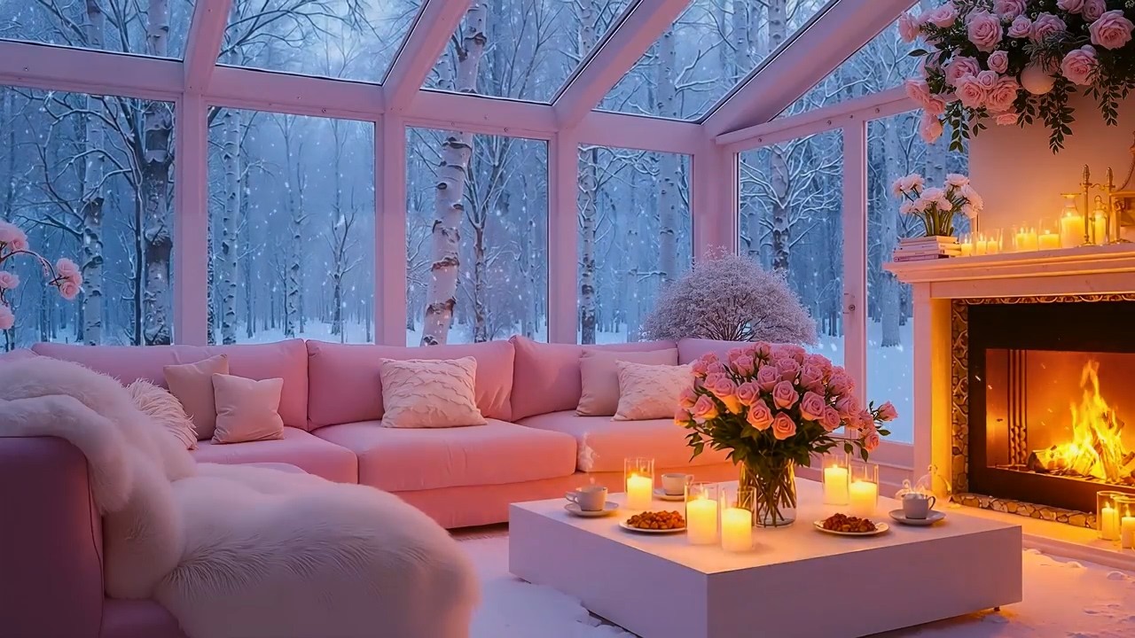 Winter Cabin with Peaceful Piano, Crackling Fire & Calm Wind for Relaxation - Soft Pink Ambience