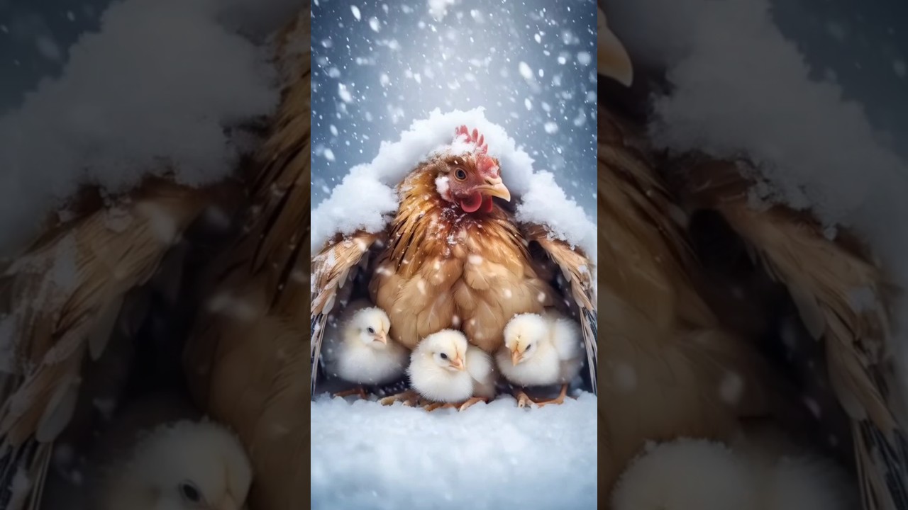 Mother Hen’s Winter Warmth: A Cozy Snowfall Scene