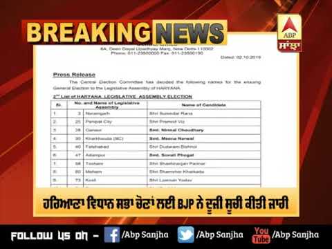 BREAKING: Haryana Vidhan ਚੋਣਾਂ ਲਈ BJP ਨੇ ਉਮੀਦਵਾਰਾਂ ਦੀ ਦੂਜੀ ਲਿਸਟ ਕੀਤੀ ਜਾਰੀ