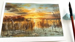 Real Speed Watercolor painting, sunset by the lake