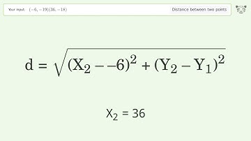 Find the distance between two points p1 (-6,-19) and p2 (36,-18): Step-by-Step Video Solution