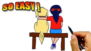 how to draw a girl sitting with her dog easy version easy drawings