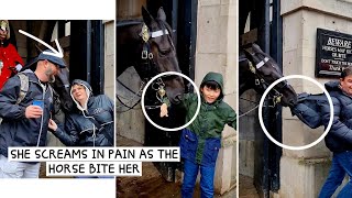 OUCH: Tourist Screams In Pain as the King's Horse Bites Tourist at Horse Guards London