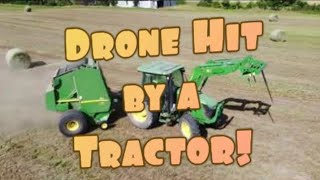 Re-Bailing a Round Bail - Tractor Hits Drone!