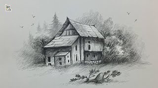 How to draw a old wooden house with Pencil