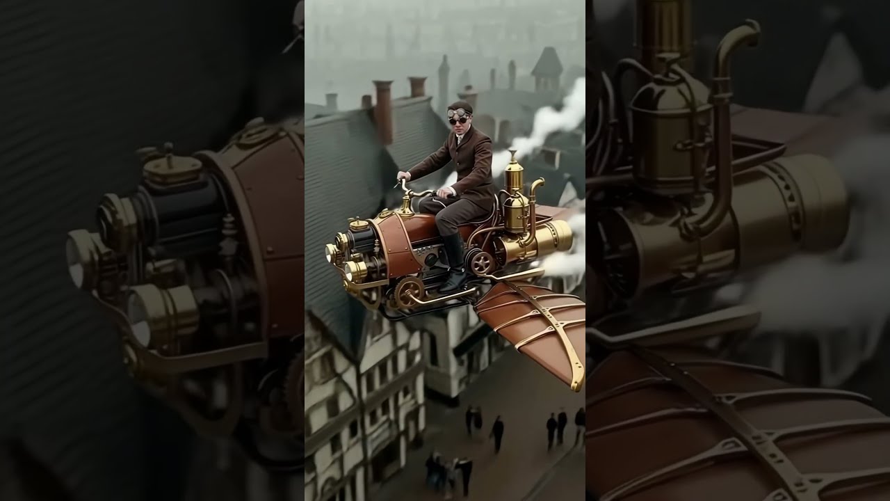 A steampunk aviator piloting a brass and copper flying machine with steam billowing behind.