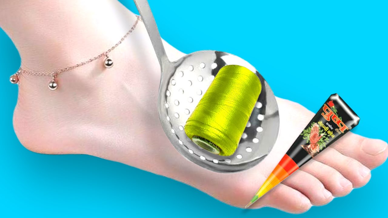 Arabic Henna Design With Skimmer Spoon & Thread For Leg Mehndi Tricks