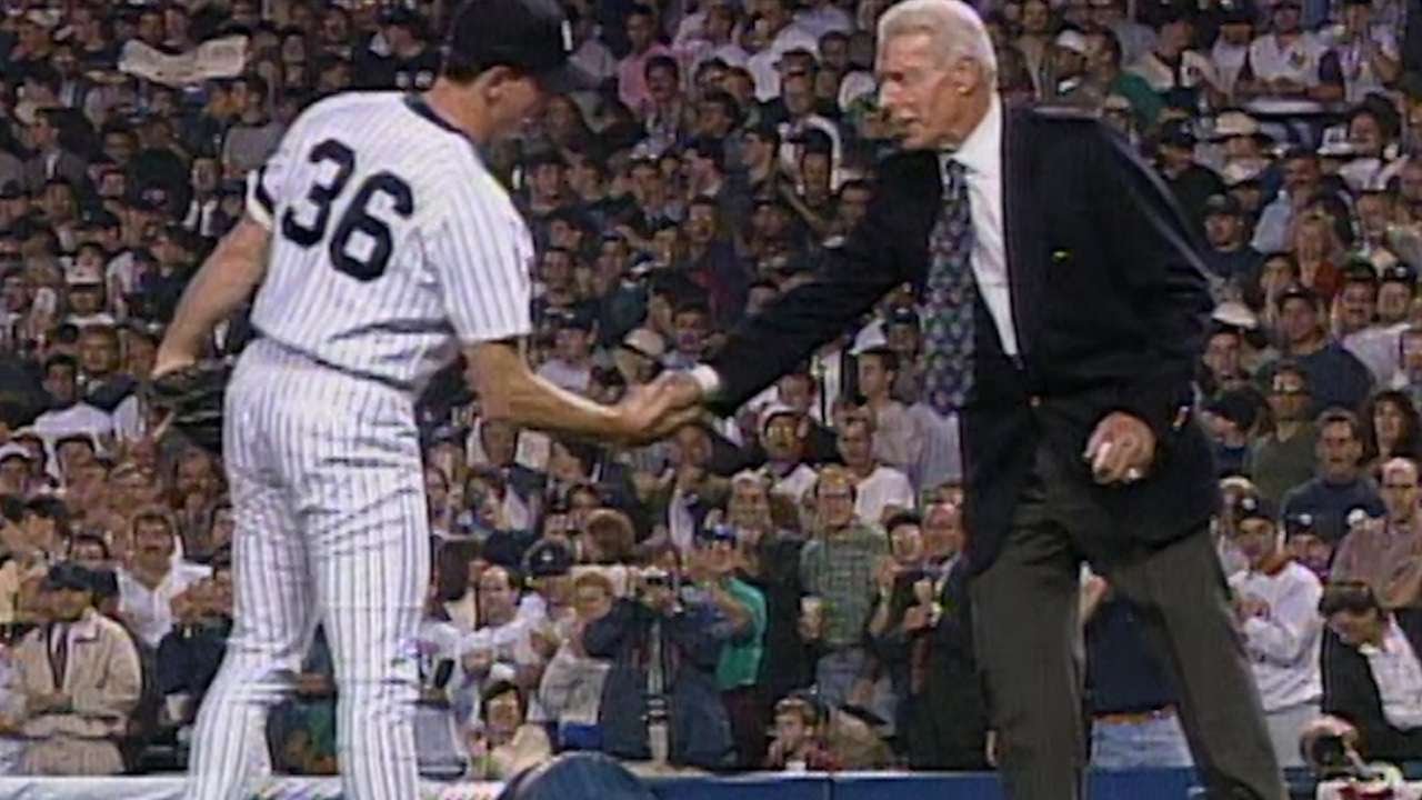 1995ALDS Gm1: DiMaggio throws ceremonial first pitch 1995ALDS Gm1: DiMaggio throws ceremonial first pitch