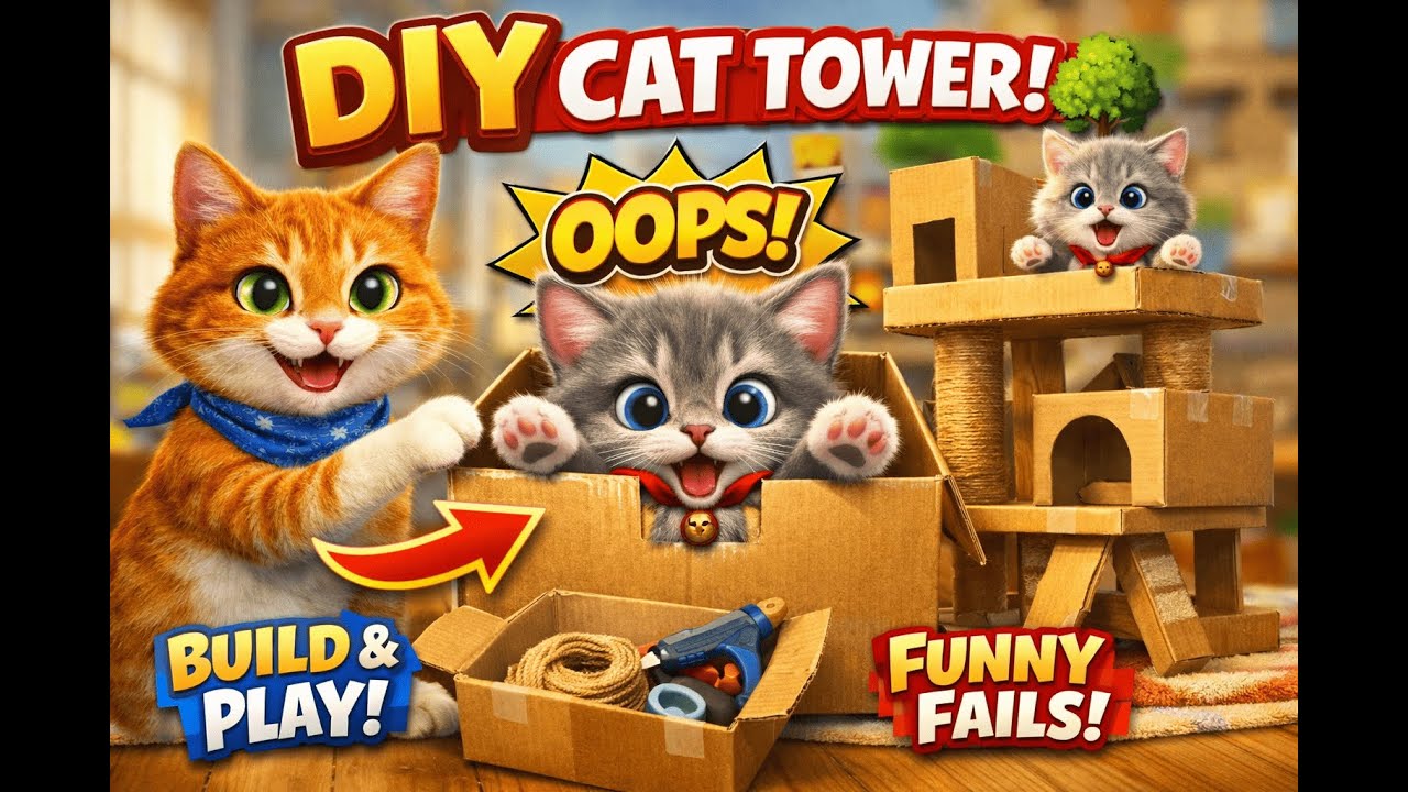 Mama Cat's DIY Cat Tower Adventure 🌳, Fluffy Kitten Plays with Cardboard Box 📦