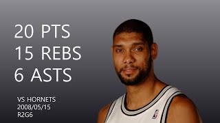 Tim Duncan | 20 pts,15 rebs,6 asts,2 blks | May 15,2008 | vs NOH,R2G6
