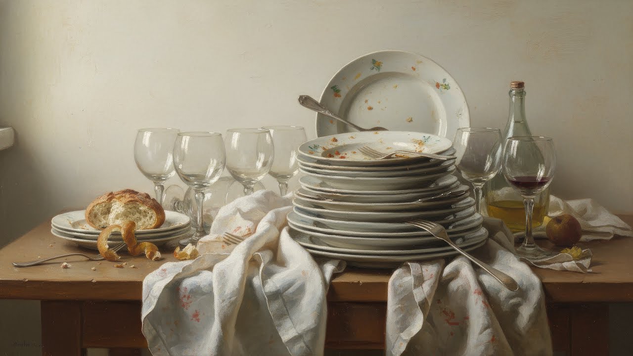 4K TV Art - Still Life Dirty Dishes, Bread & Wine - Rustic Charm