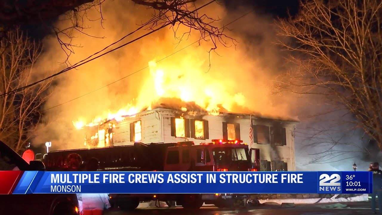 Two officers injured as crews battle three-alarm fire in Monson - YouTube