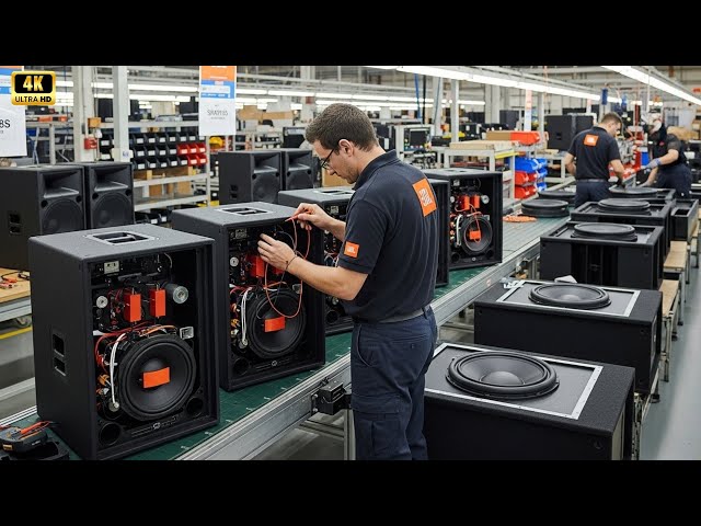 Inside the JBL factory: the production process of the JBL VRX 932LAP speaker, JBL SRX918S subwoofer.