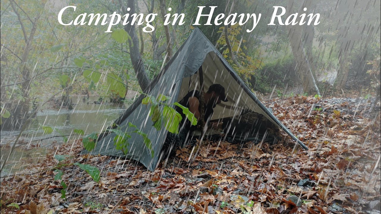 Solo Camping in Heavy Rain - Relaxing in the tarp tent - Rain sound ...