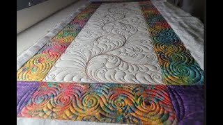 Batik Runner Curly Feather Fill Free motion Longarm Quilting variegated OmniV thread Table Runner