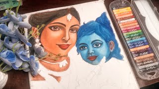 Mother's Day Drawing, Krishna Yashoda Maiya Drawing, Oil Pastel Drawing Tutorial (part 2)😍