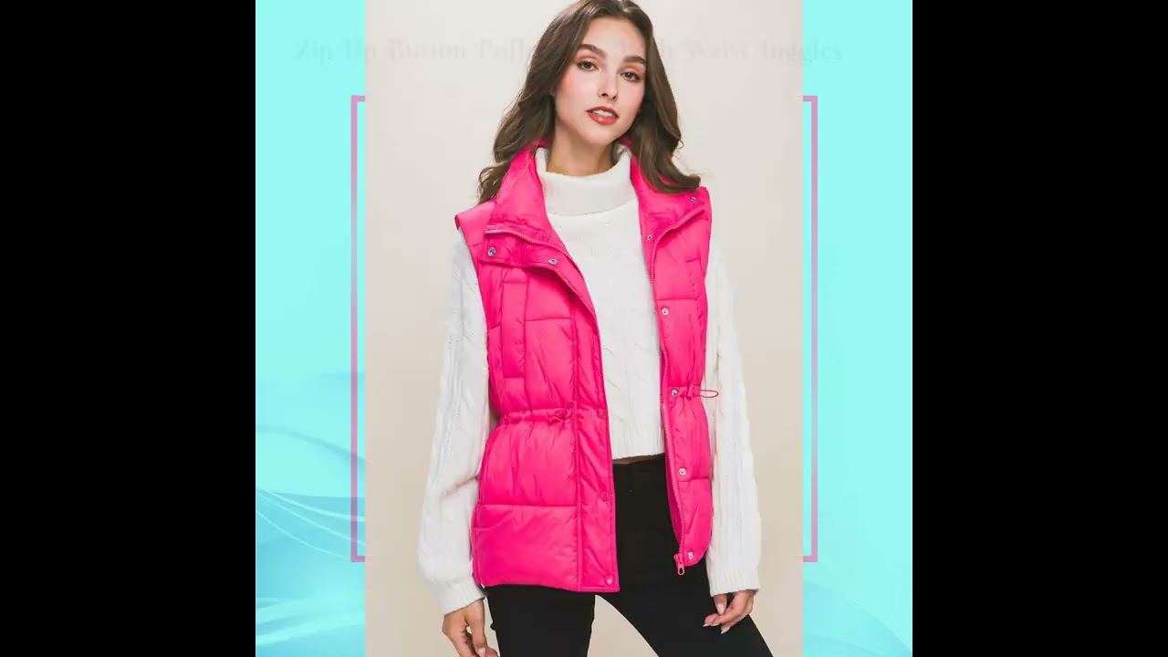 Zip Up Button Puffer Vest With Waist Toggles| 
