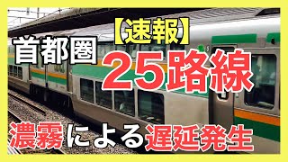 【首都圏25路線遅延】濃霧の影響で、宇都宮線、高崎線、東海道線、常磐線、両毛線、東武スカイツリーライン、地下鉄半蔵門線、東急田園都市線など25路線に遅延が発生しています。