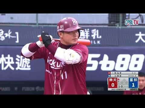 04/04 樂天 VS 富邦 二局上，小胖林泓育敲出二壘安打，樂天靠著犧牲打追平比分！