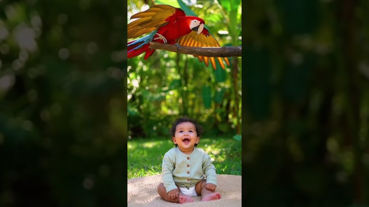 Parrot fans wings slowly like a gentle fan baby laughs
