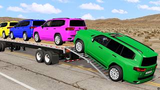 Triple Flatbed Trailer McQueen Transportation with Truck - Speedbumps vs Cars vs Train - BeamNG #130