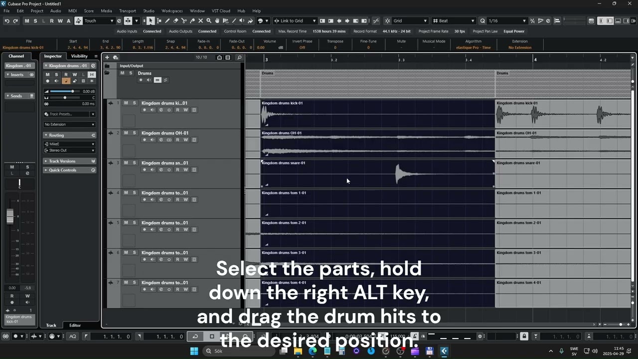 Drum editing in Cubase using slip editing