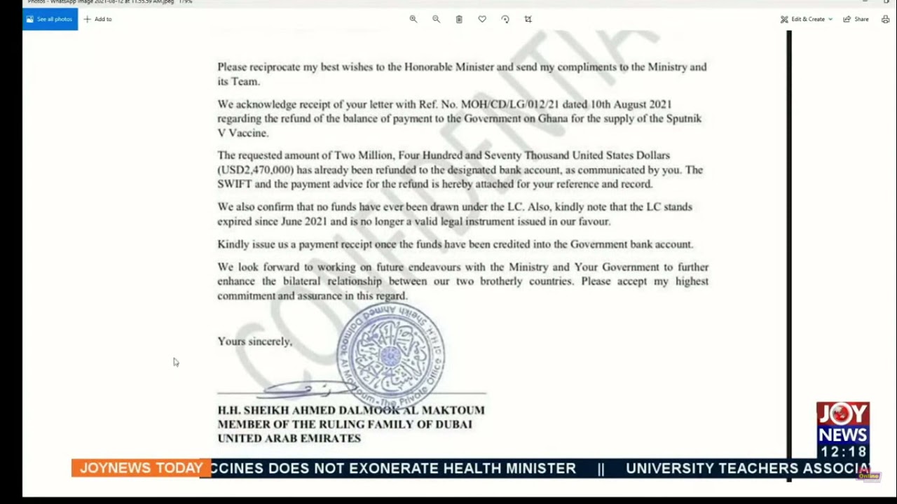 Sheikh Al Maktoum refunds $2,470.000 payment for the procurement of Sputnik V vaccines to Ghana