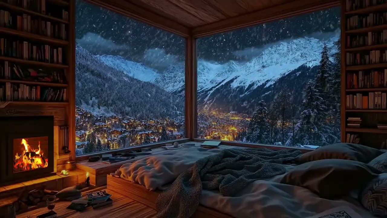 The Coziest Small Room: Fireplace Sounds & Snowfall for Relaxation
