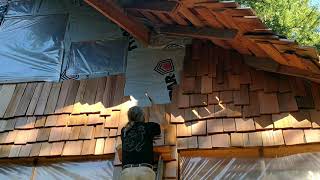 Covering External Wall with Red Cedar Hand-split Shakes, in British Columbia, Canada