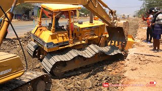 Incredible Heavy Komatsu Bulldozer Falling Chain Put By Excavator & Dump Trucks Is Road Construction