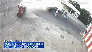 Out-of-control car narrowly misses man in rural Nebraska gas station