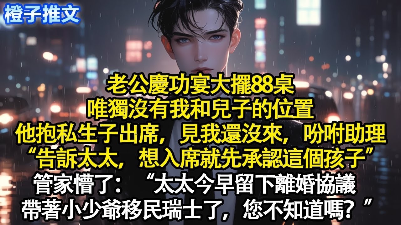 老公慶功宴大擺88桌，唯獨沒有我和兒子的位置他抱私生子出席，見我還沒來吩咐助理“告訴太太，想入席就先承認這個孩子”管家懵了“太太今早留下離婚協議帶著小少爺移民瑞士了，您不知道嗎？'#追妻火葬場
