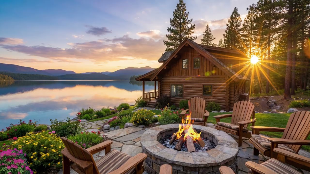 Peaceful Morning Firepit by the Lake  Cozy Cabin & Calm Nature Sounds | Relaxing Autumn Ambience