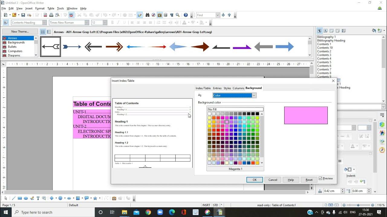 How to generate table of contents toc for open office writer document