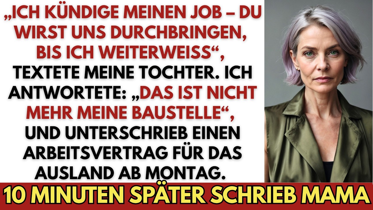 Mein Handy vibrierte, und ich las die Nachricht meiner dreißigjährigen Tochter: „Ich kündige meinen Job. Du musst uns durchbringen, bis ich weiß, wie es weitergeht.“ Keine Frage, kein Hallo – nur...