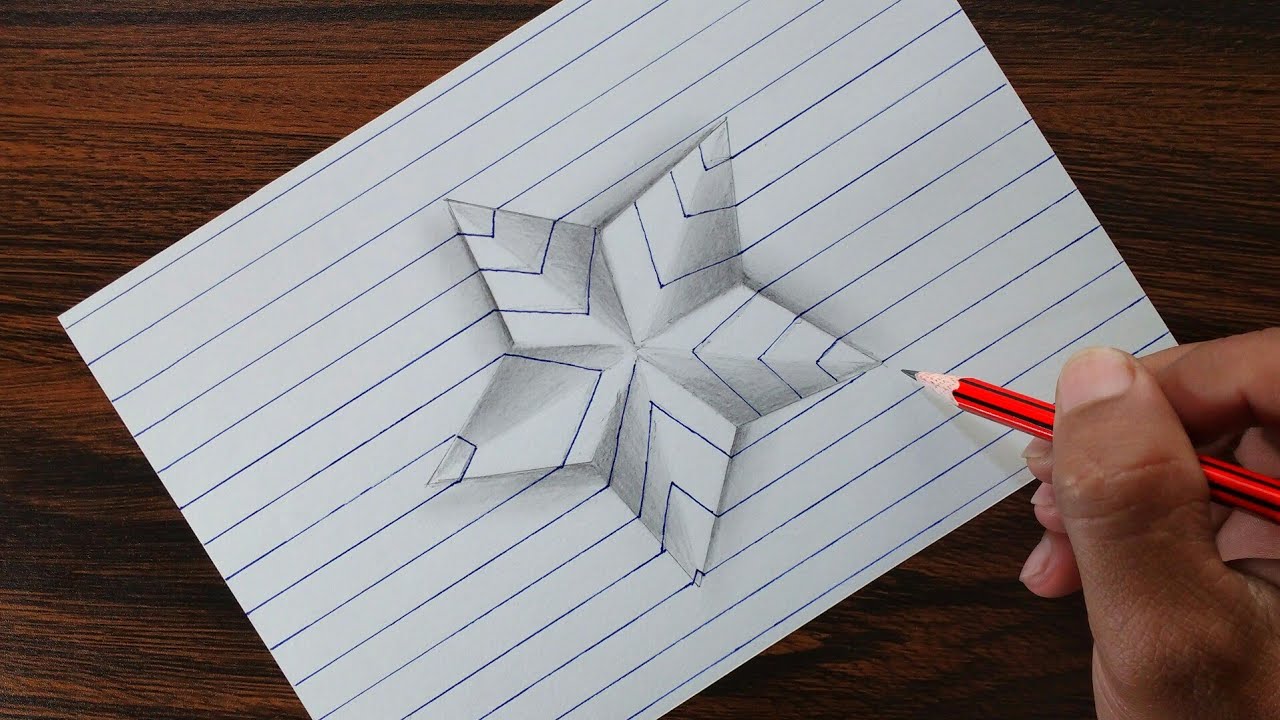 Very Easy!! 3D Star on Line Paper Trick Art Drawing