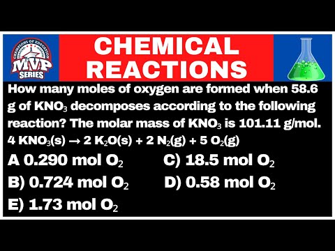 How many moles of oxygen are formed when 58.6 g of KNO3 decomposes according to the following