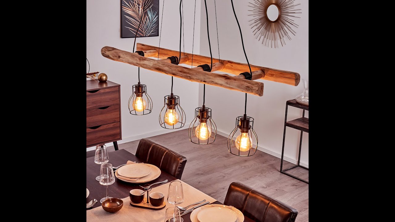 Gondo Pendelleuchte Holz hell, Schwarz, 4-flammig