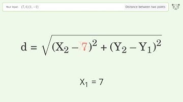 Find the distance between two points p1 (7,6) and p2 (1,-2): Step-by-Step Video Solution