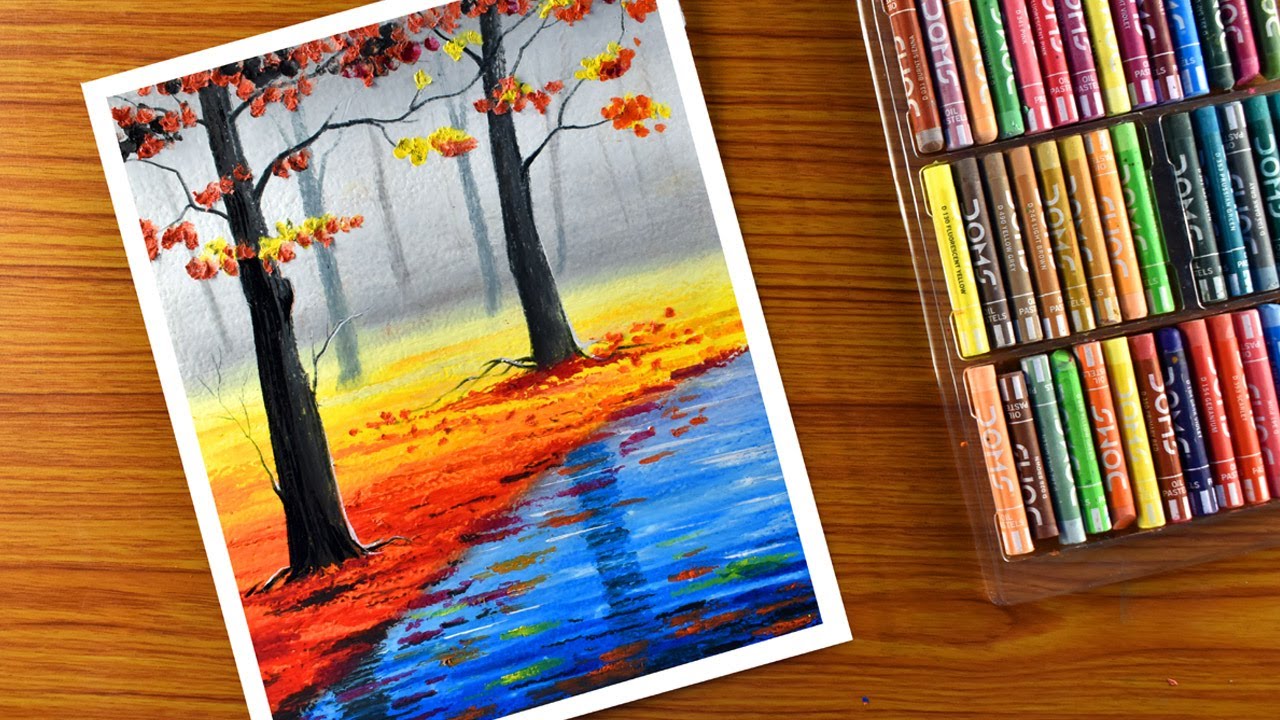 Oil Pastel Landscape Drawing - step by step easy Forest scenery ...