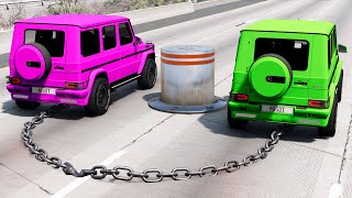 Chained Cars vs Large Bollards - BeamNG.drive