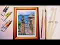 Watercolor. Summer landscape. Sea. Italy. Fragment of urban architecture.