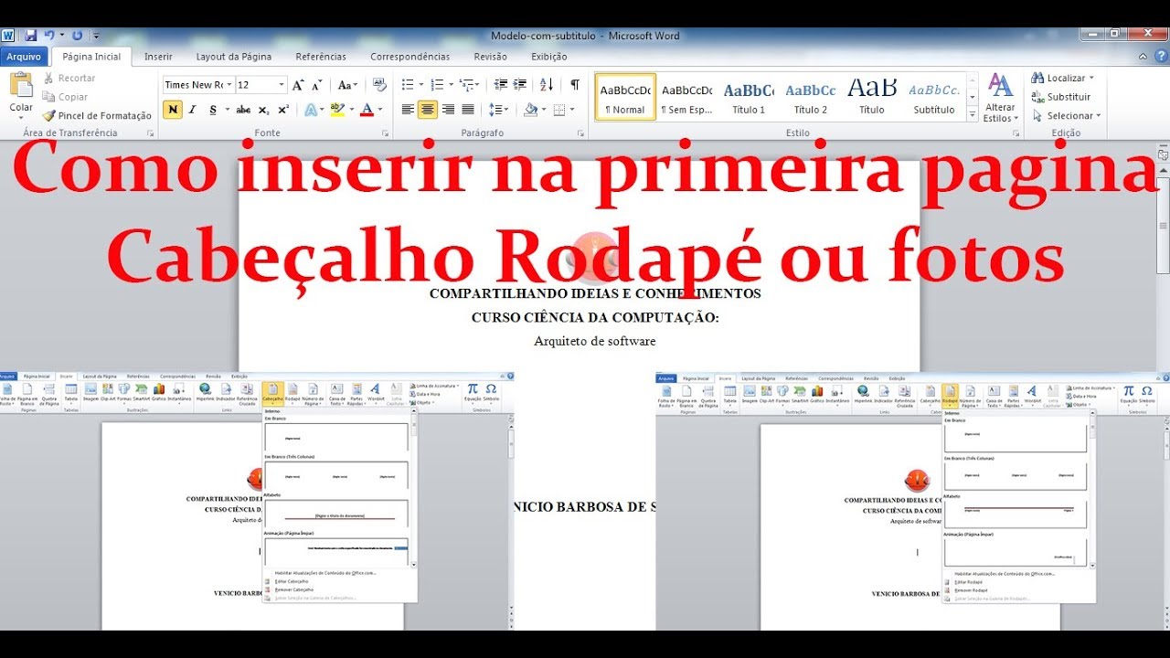 Como inserir cabeçalho, rodapé ou imagem na primeira pagina - YouTube